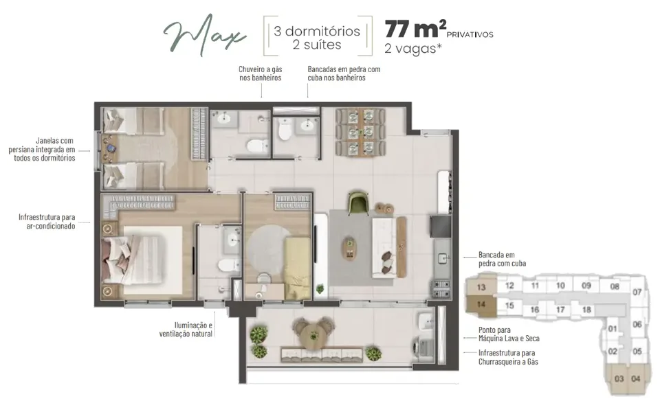 Max 77,56 m² · 3 dorms (2 suítes)