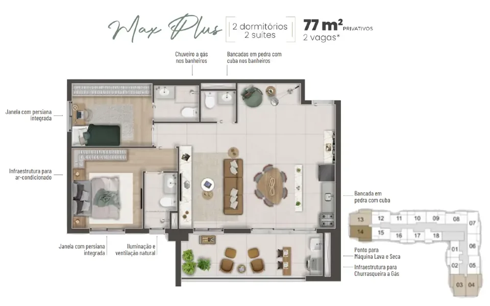 Max Plus 77,56 m² · 3 dorms (2 suítes)